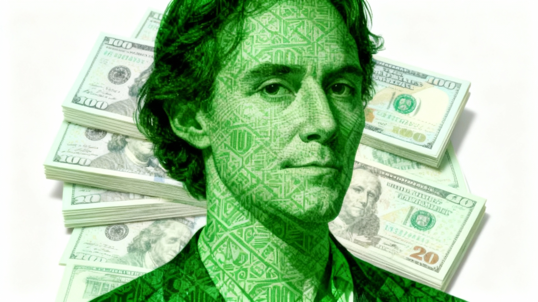 A stylish graphic design portrait of a person created with a double exposure effect, where a texture of US dollar bills is overlaid onto the image.