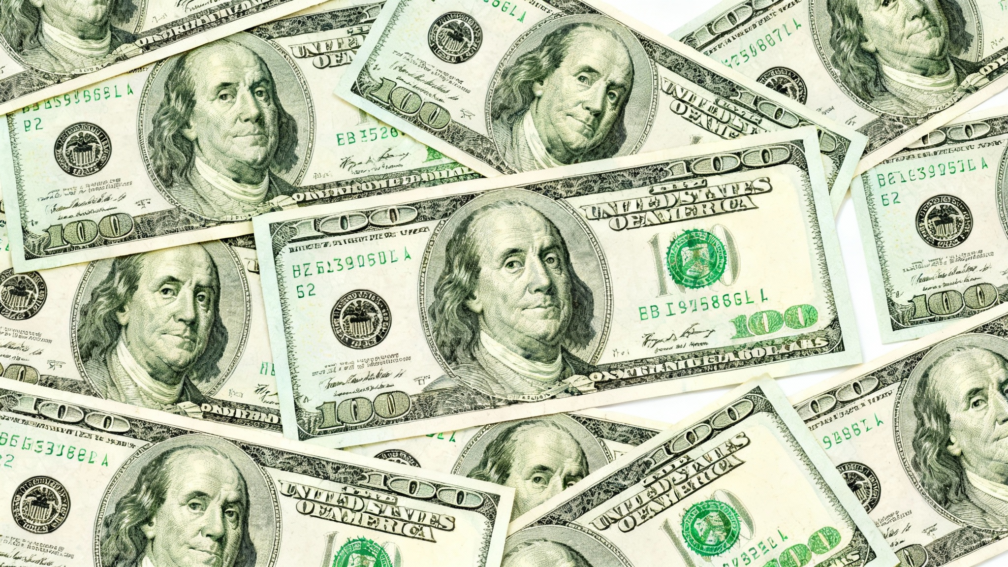 A photorealistic, top-down image displaying a seamless texture created from overlapping, crisp one-hundred-dollar bills on a white background.