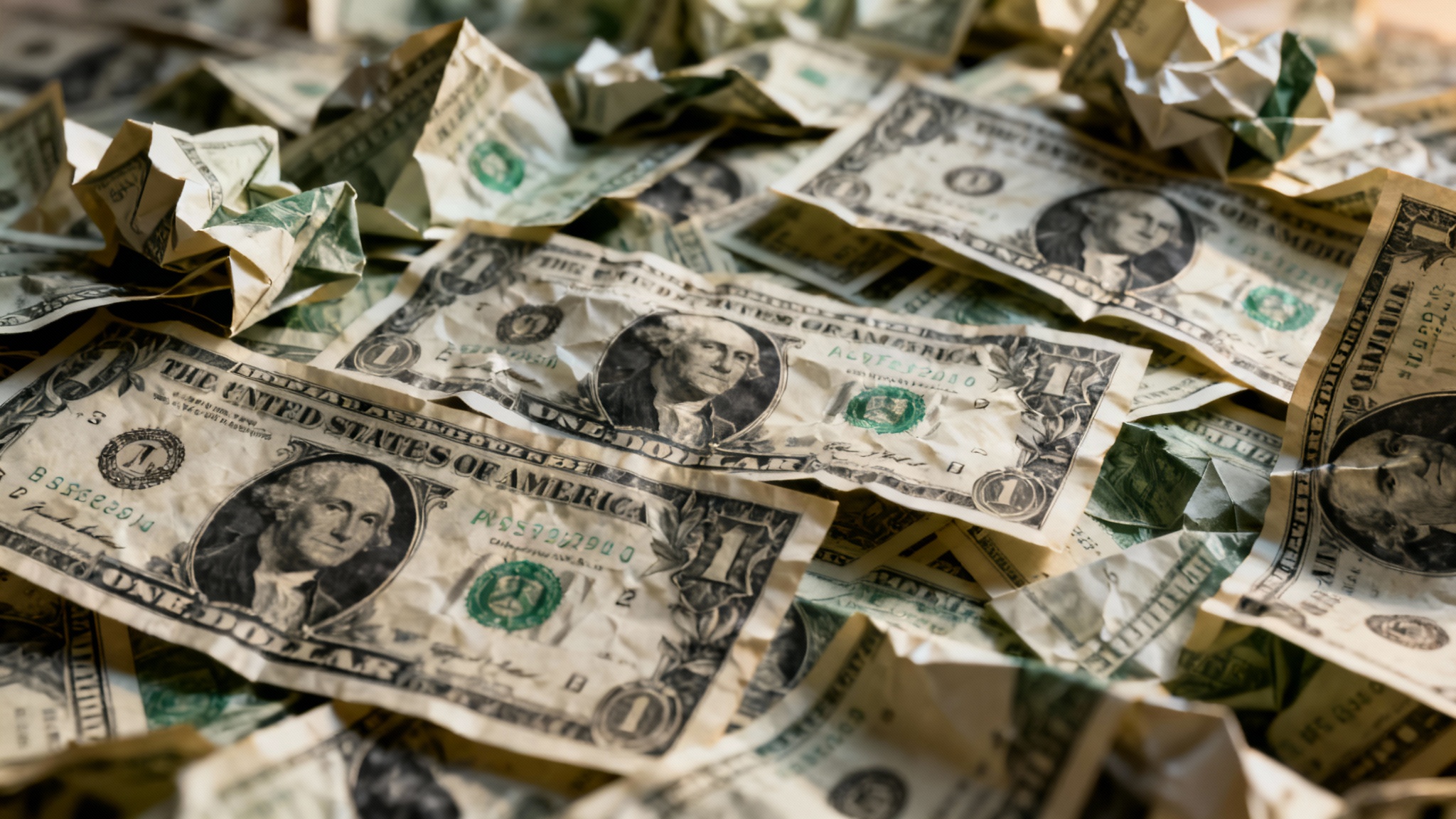 A close-up, detailed texture of overlapping and crumpled American dollar bills, creating a rich pattern of green and cream.