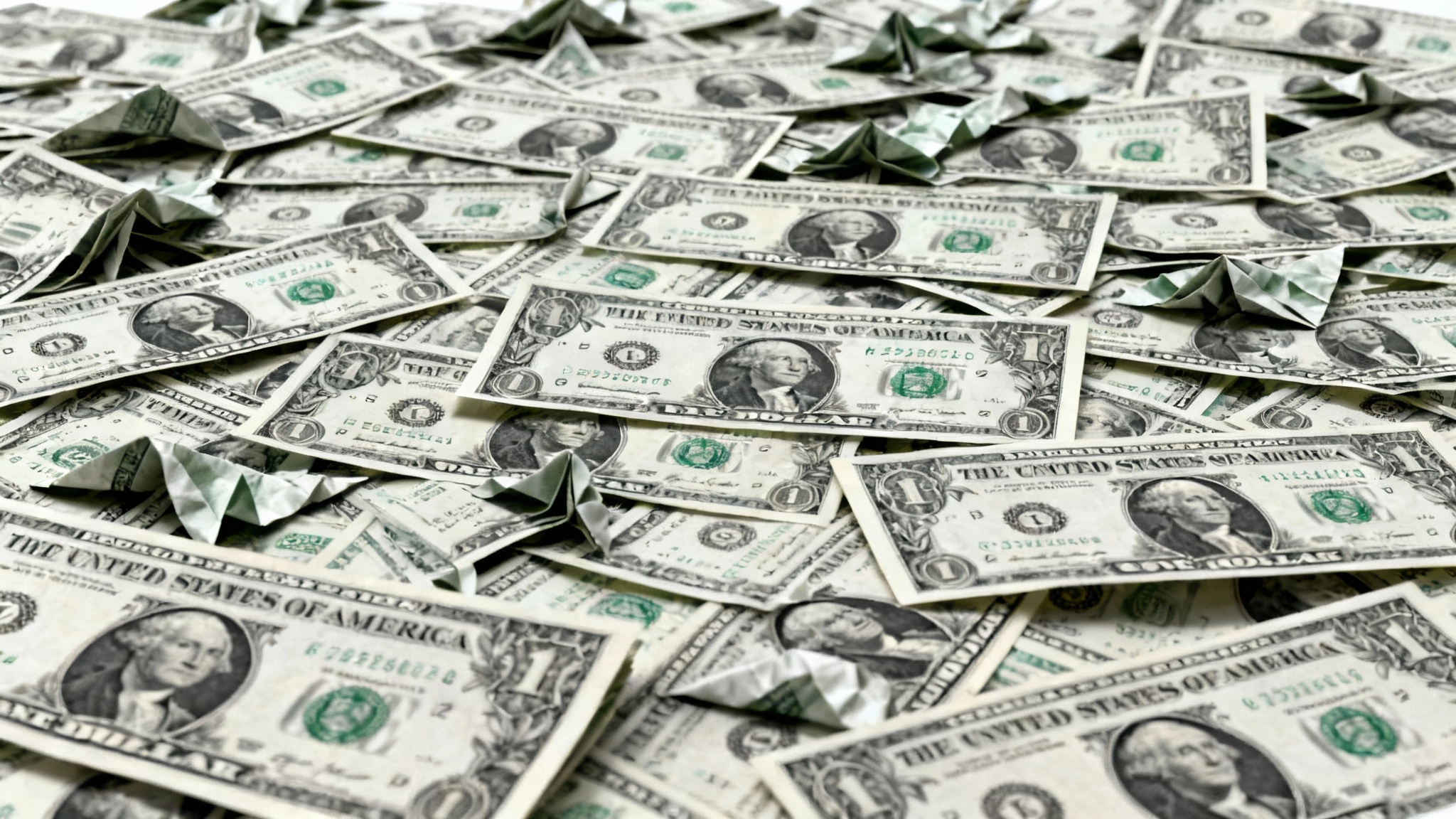 A detailed, top-down photograph showing a textured surface completely covered in overlapping United States dollar bills, creating a rich pattern of currency.