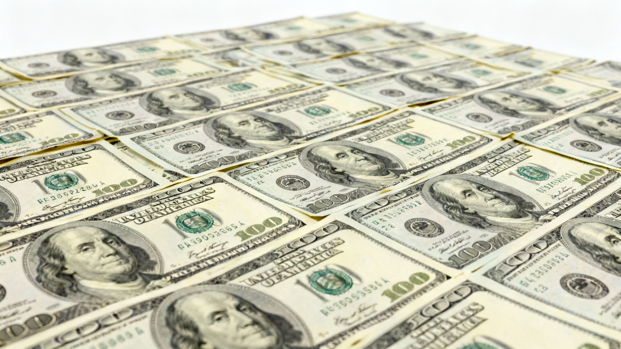 A detailed, high-resolution texture created from overlapping one-hundred-dollar bills, shown in a flat lay style on a white background.