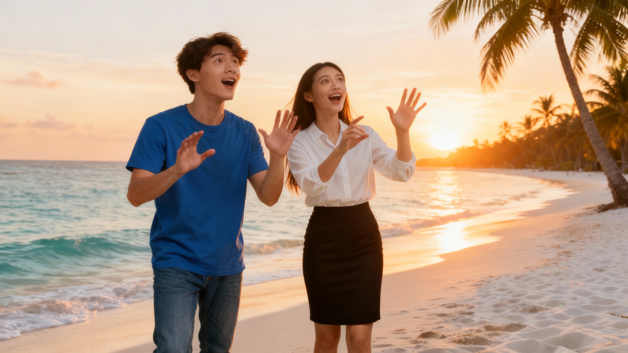 Final result of a background swap tool: A young man and woman are seamlessly placed onto a vibrant tropical beach at sunset, looking happy and relaxed. The composition is flawless, demonstrating a perfect background replacement.