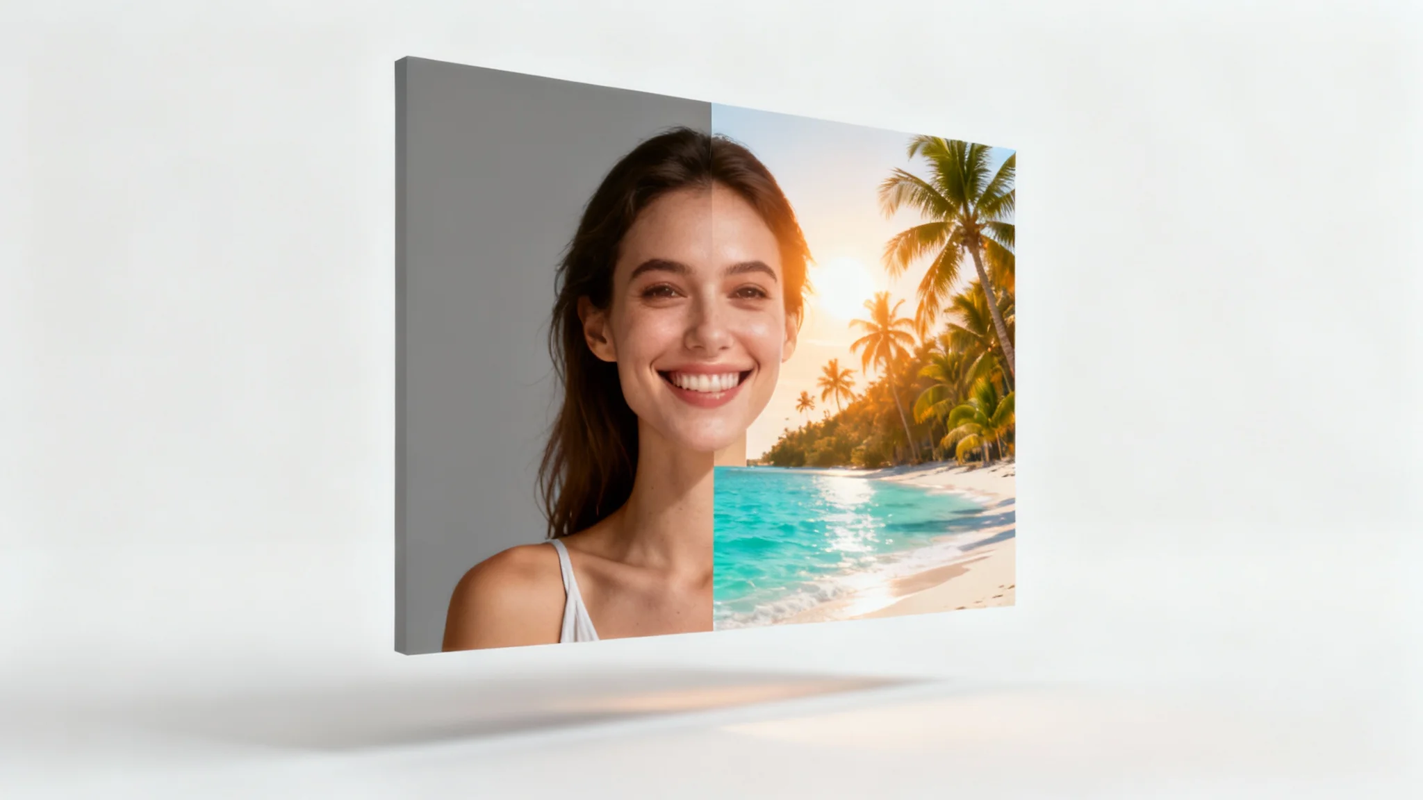 A conceptual image showing a woman's portrait split in two: one half with a plain grey background, the other with a vibrant tropical beach background, illustrating a background swap.