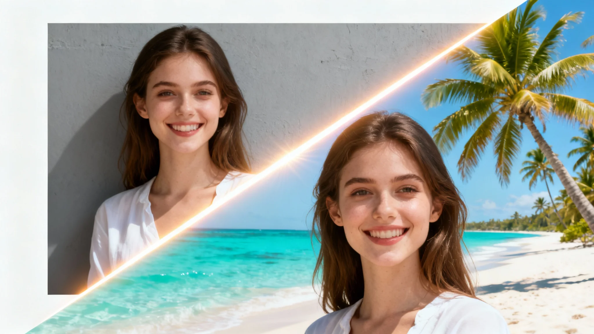 A before-and-after image demonstrating a background swap. On one side, a woman is in front of a plain grey wall; on the other, she is on a beautiful tropical beach.