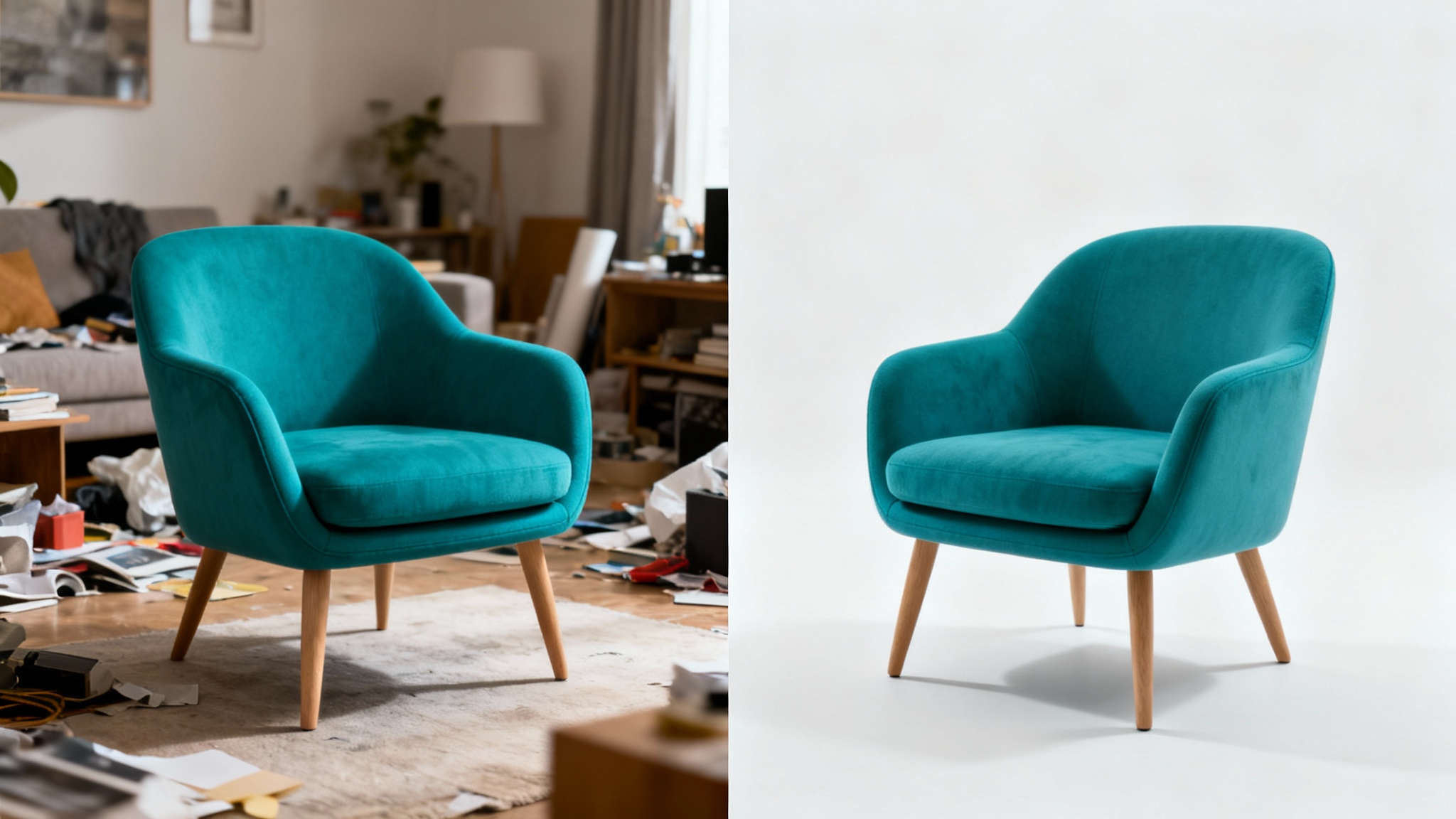 A split-screen comparison showing the effect of a background swap. On the left, a modern teal chair is in a cluttered room. On the right, the same chair is isolated on a clean, white studio background, looking much more professional.