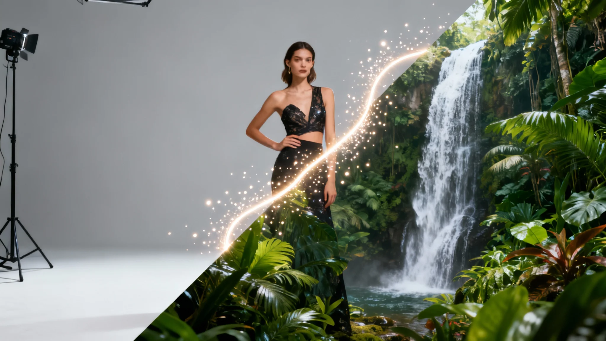 A photorealistic image of a fashion model posing. The background is split in two, showing a plain studio on one side and a lush jungle on the other, representing a background swap.