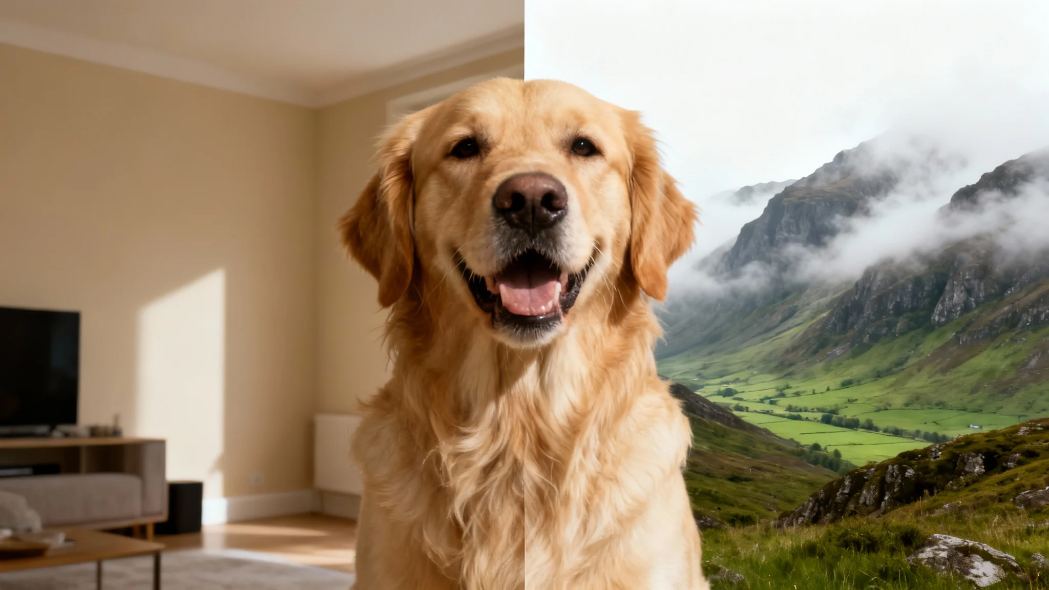A composite image of a golden retriever, demonstrating a background swap. The left half shows the dog in a plain living room, while the right half shows the same dog in the scenic Scottish Highlands.