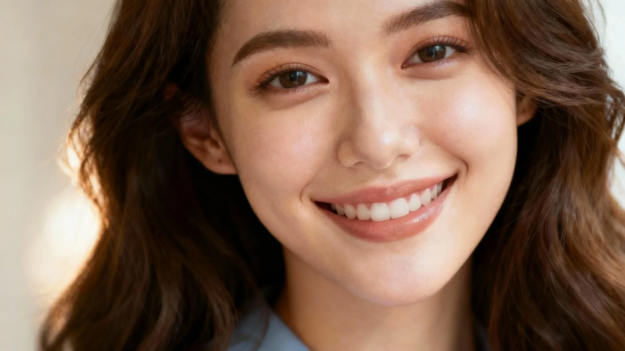 A high-quality portrait of a smiling young woman after using a photo editor to remove dark circles, showing perfectly smooth and bright skin under her eyes.