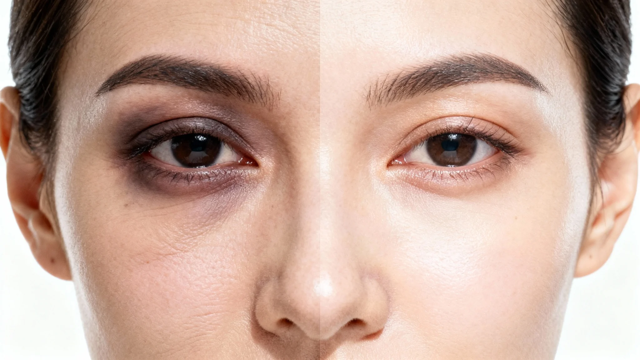 A close-up comparison image showing the effect of removing dark circles. The left half displays an eye with dark, tired-looking circles, while the right half shows the same eye looking bright, refreshed, and smooth.