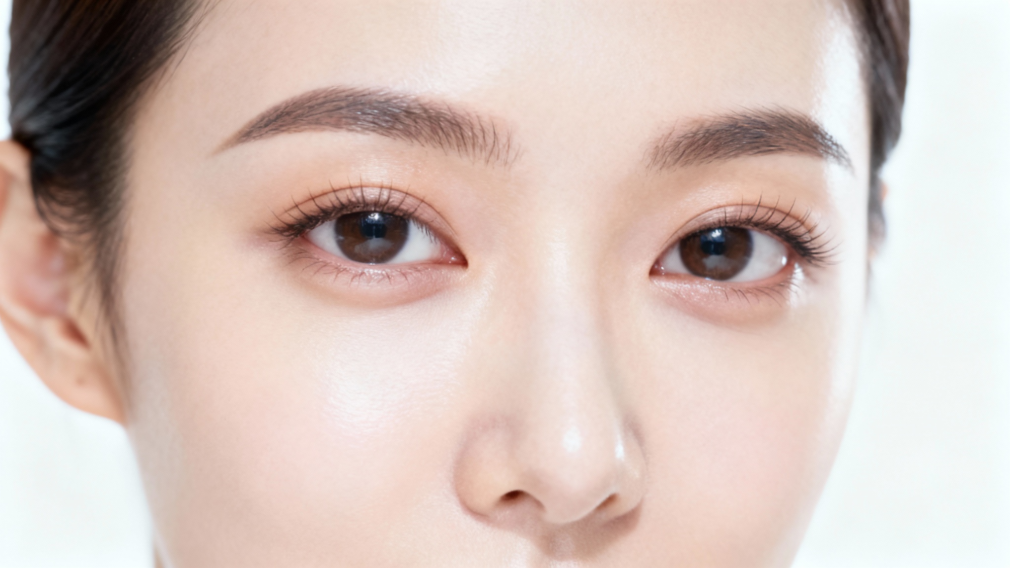 A detailed close-up of a woman's eye, showing a perfectly smooth and bright under-eye area, demonstrating the removal of dark circles.