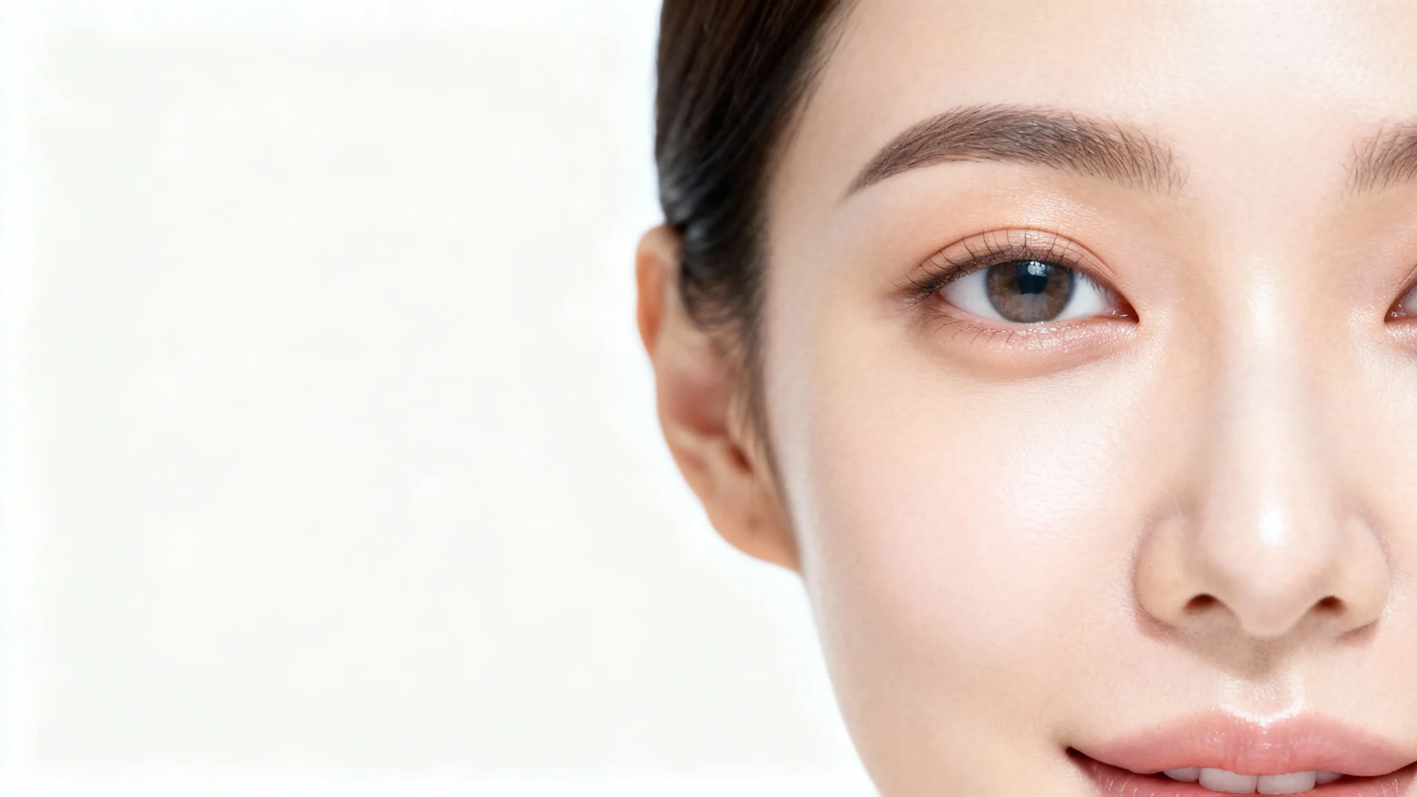 A close-up beauty photograph of a woman's eye, showcasing perfectly smooth and bright under-eye skin with no dark circles, on a clean white background.