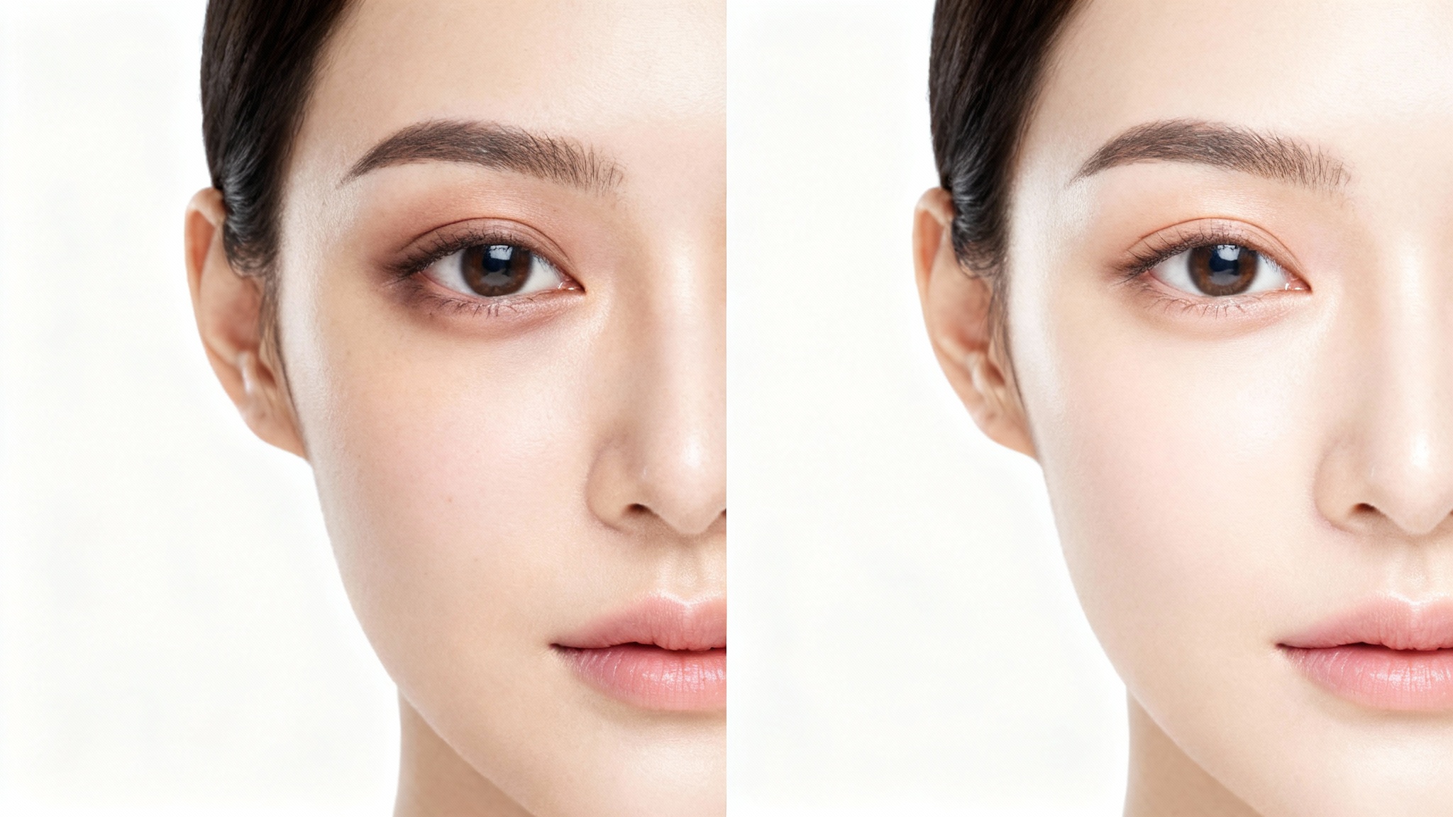 A close-up, split-screen image of a woman's face demonstrating the removal of dark circles. One side shows an eye with visible dark circles, while the other side shows a bright and refreshed eye area.