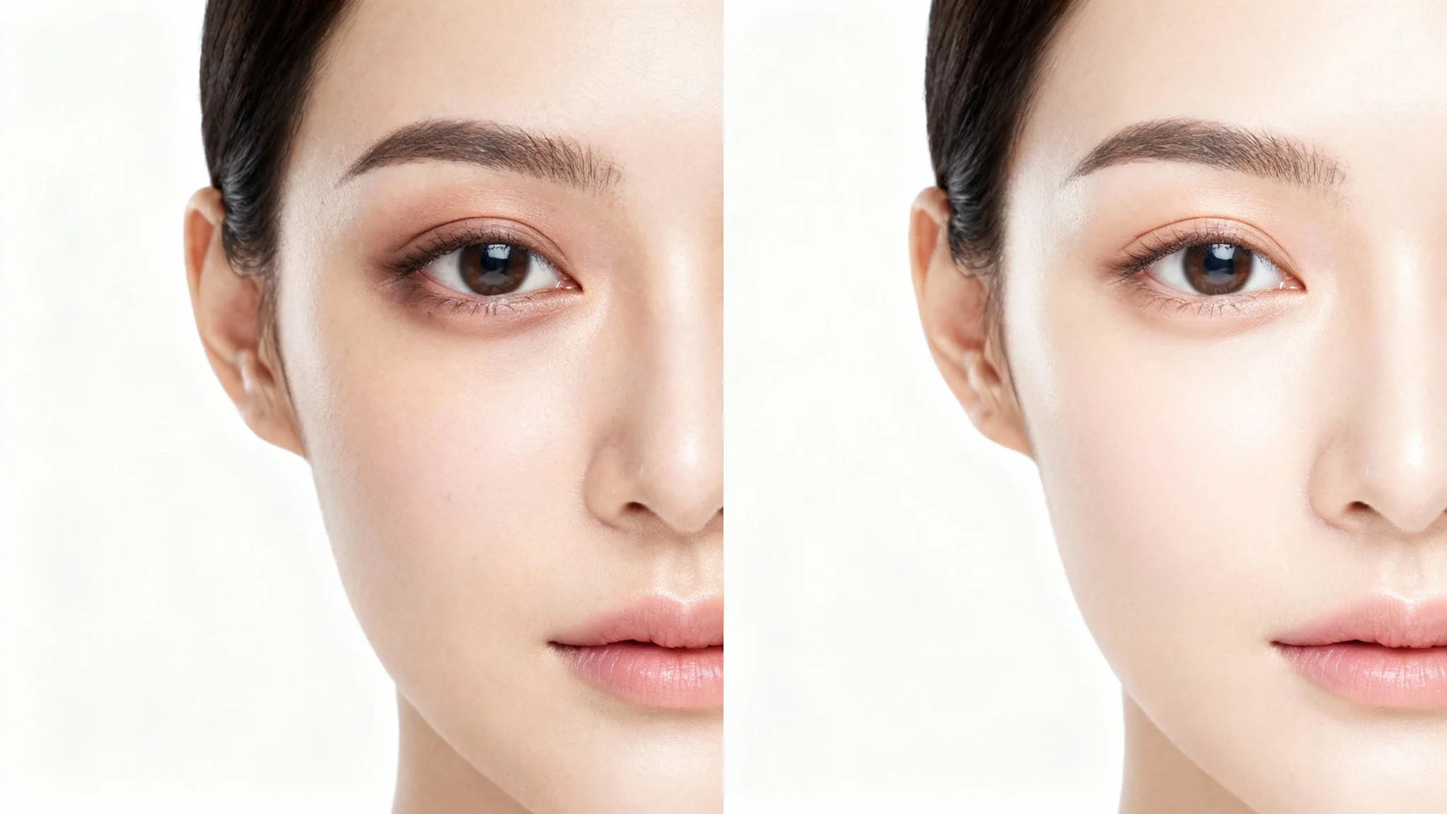 A close-up, split-screen image of a woman's face demonstrating the removal of dark circles. One side shows an eye with visible dark circles, while the other side shows a bright and refreshed eye area.