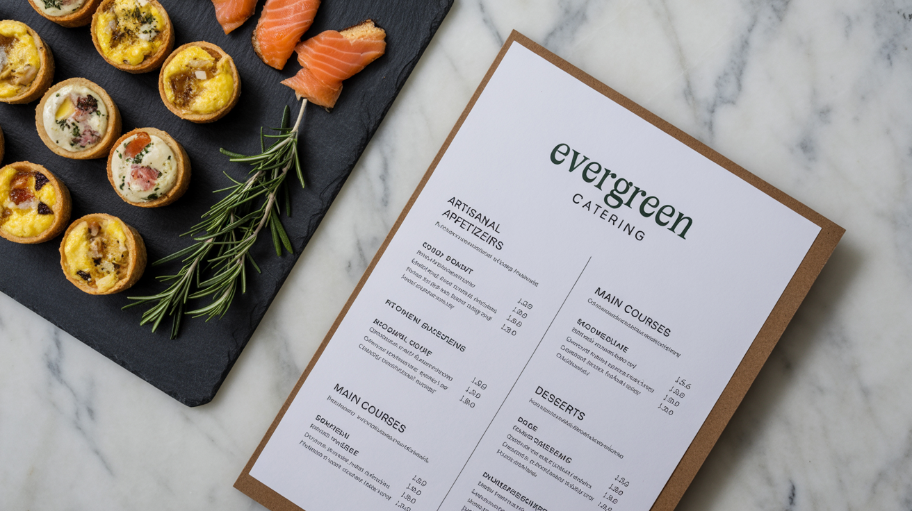 A beautifully designed catering menu for 'Evergreen Catering' laid flat on a white marble surface, next to a platter of delicious-looking appetizers.