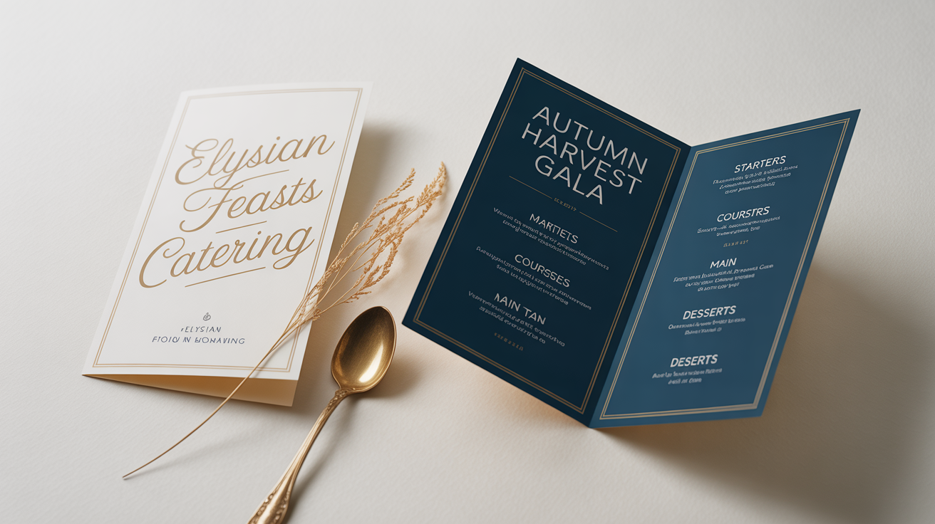 An elegant, open bi-fold catering menu for 'Elysian Feasts Catering' laid flat on a white surface, showcasing an 'Autumn Harvest Gala' menu design with gold and navy blue accents, accompanied by a gold spoon and a sprig of wheat.