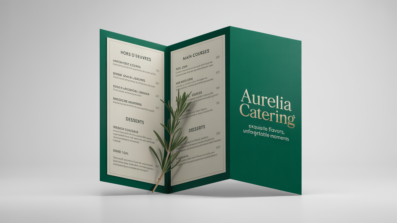 A professionally designed trifold catering menu for 'Aurelia Catering' rests on a white surface. The menu has a deep green cover with elegant gold text and is open to show the food listings.