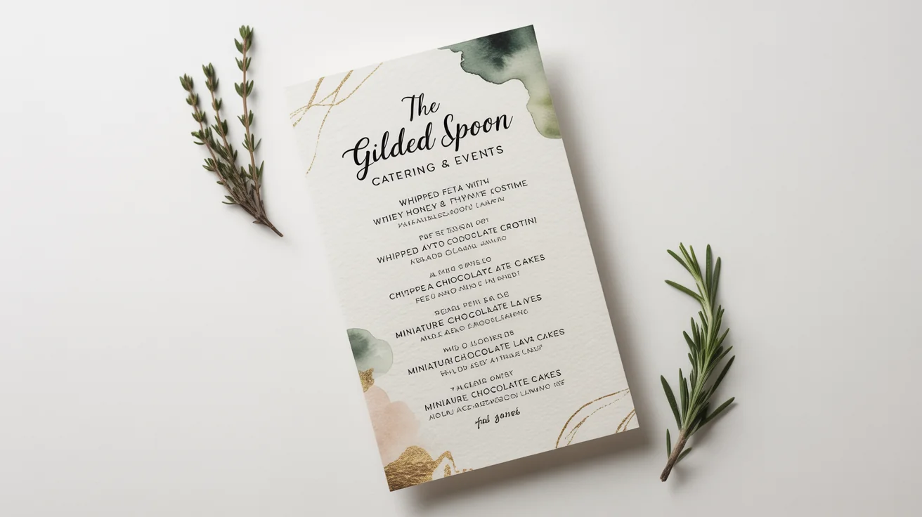 A mockup of an elegant and modern catering menu for a fictional company called 'The Gilded Spoon', displayed on a clean white background.