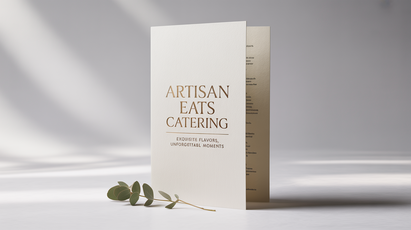 An elegant, bi-fold catering menu for 'Artisan Eats Catering' with gold foil text, standing on a clean white surface next to a sprig of eucalyptus.