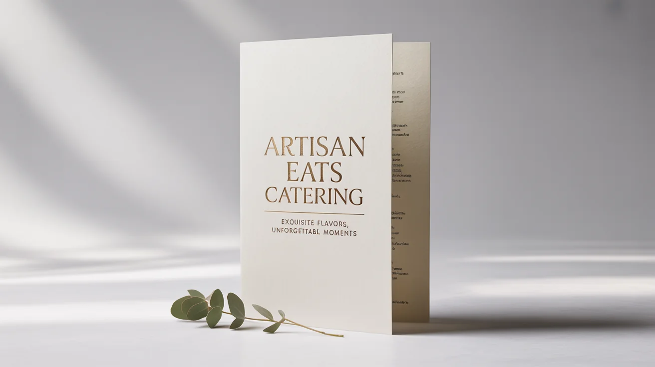 An elegant, bi-fold catering menu for 'Artisan Eats Catering' with gold foil text, standing on a clean white surface next to a sprig of eucalyptus.