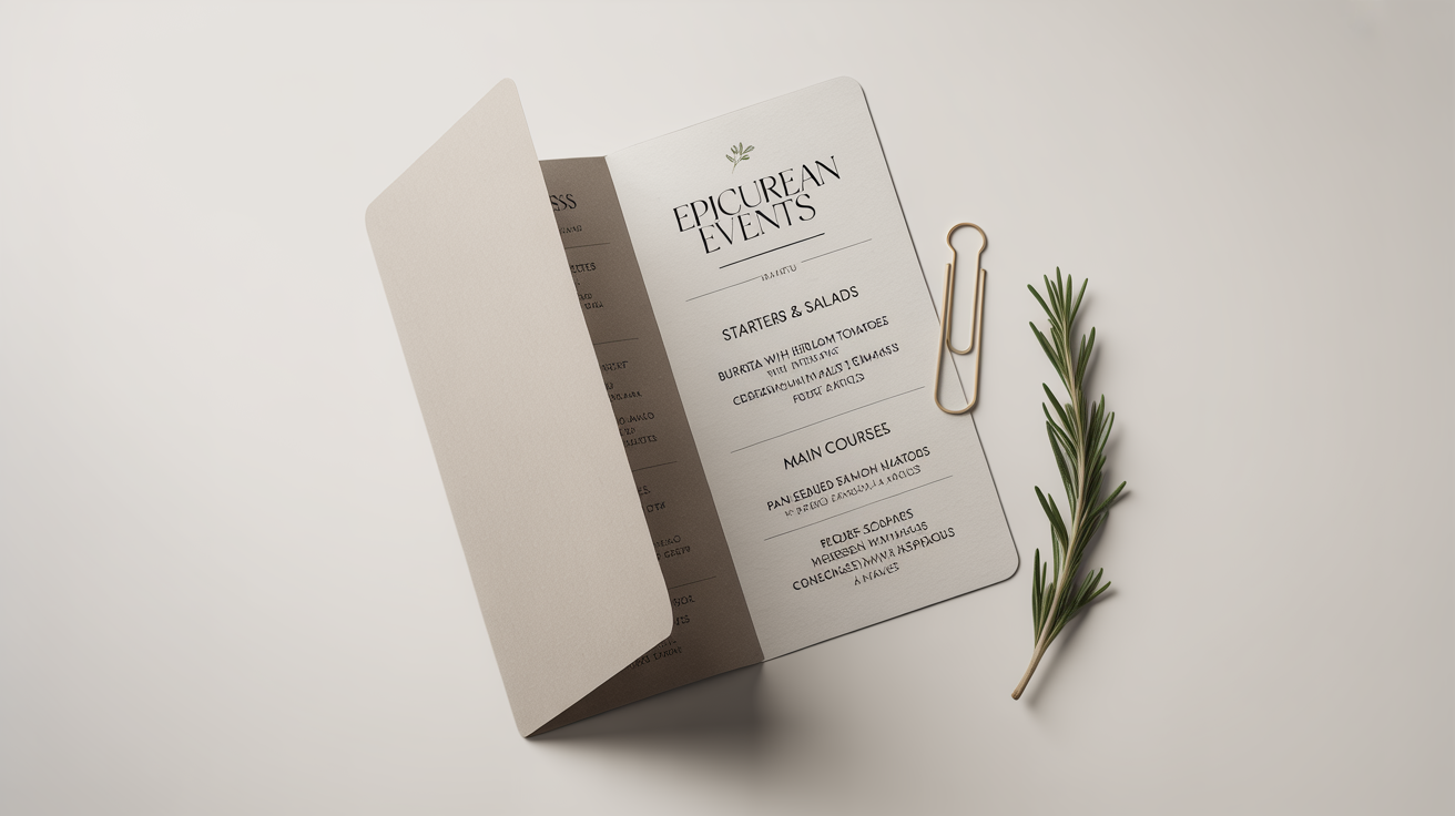 A professionally designed, open bi-fold catering menu for 'Epicurean Events' displayed on a clean white background, showing fictional starters and main courses.