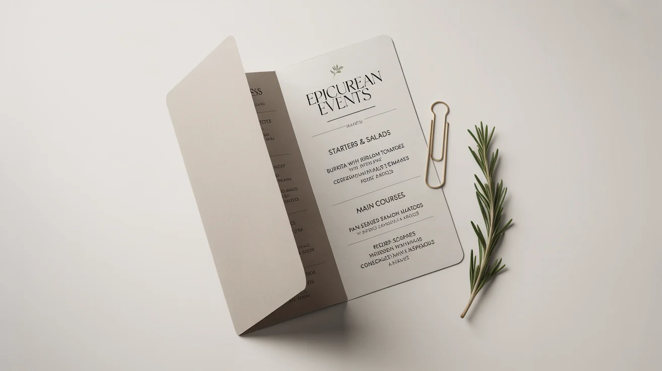A professionally designed, open bi-fold catering menu for 'Epicurean Events' displayed on a clean white background, showing fictional starters and main courses.