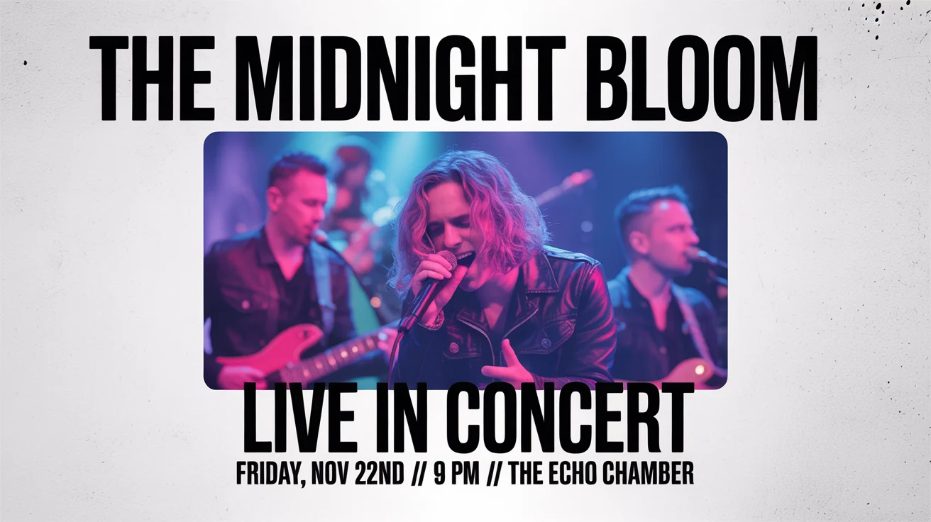A professionally designed flyer for a live music show by a band called 'The Midnight Bloom', featuring a photo of them on stage and event details.