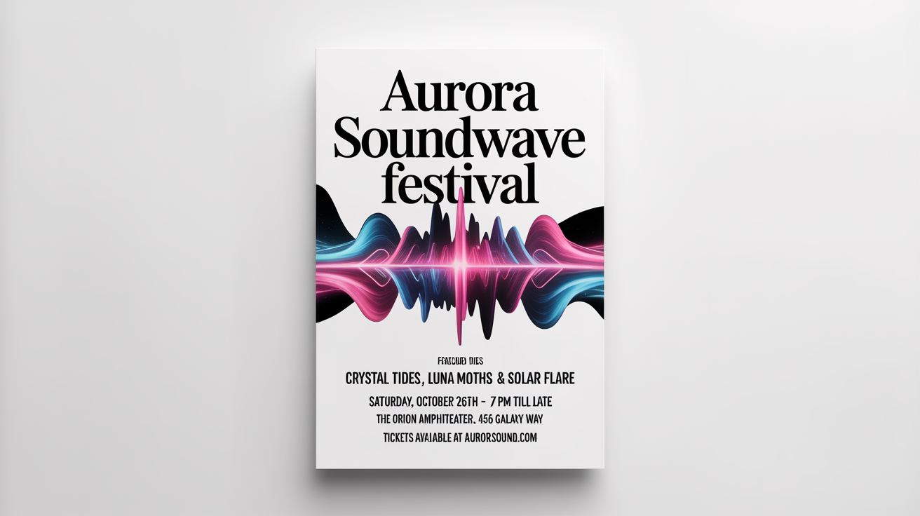 A professionally designed mockup of a flyer for the 'AURORA SOUNDWAVE FESTIVAL', featuring a vibrant, abstract design and legible event details, presented on a clean white background.