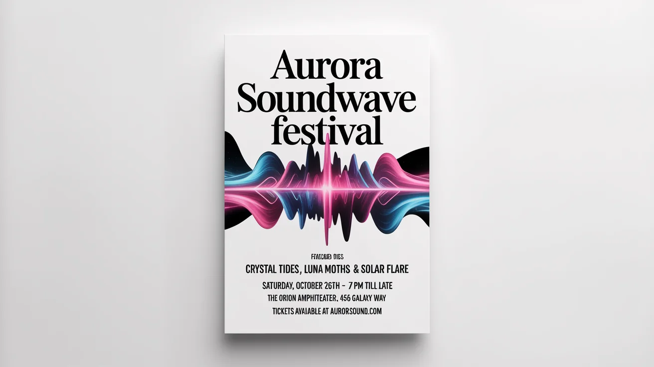 A professionally designed mockup of a flyer for the 'AURORA SOUNDWAVE FESTIVAL', featuring a vibrant, abstract design and legible event details, presented on a clean white background.