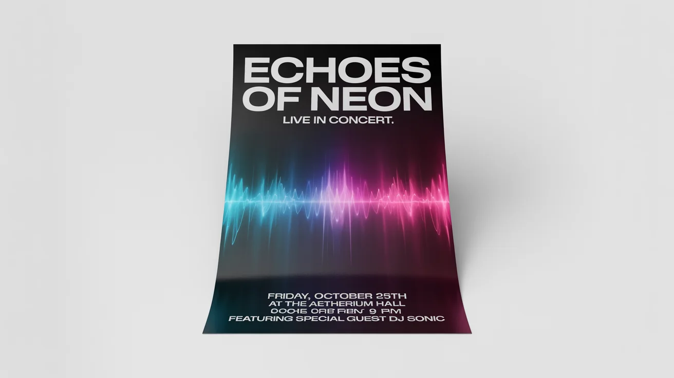 A mockup of a flyer for a live music show called 'Echoes of Neon'. The flyer features a dark background with vibrant blue and pink graphics and white text, all displayed against a clean white background.