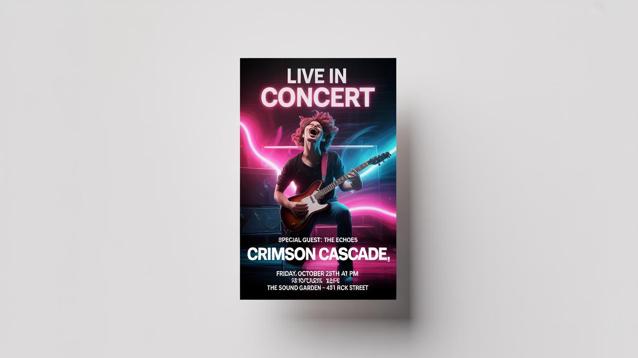 A mockup of a show flyer for a live music concert by the band 'Crimson Cascade'. The flyer has a dynamic design with a guitarist and event details, presented on a clean white background.