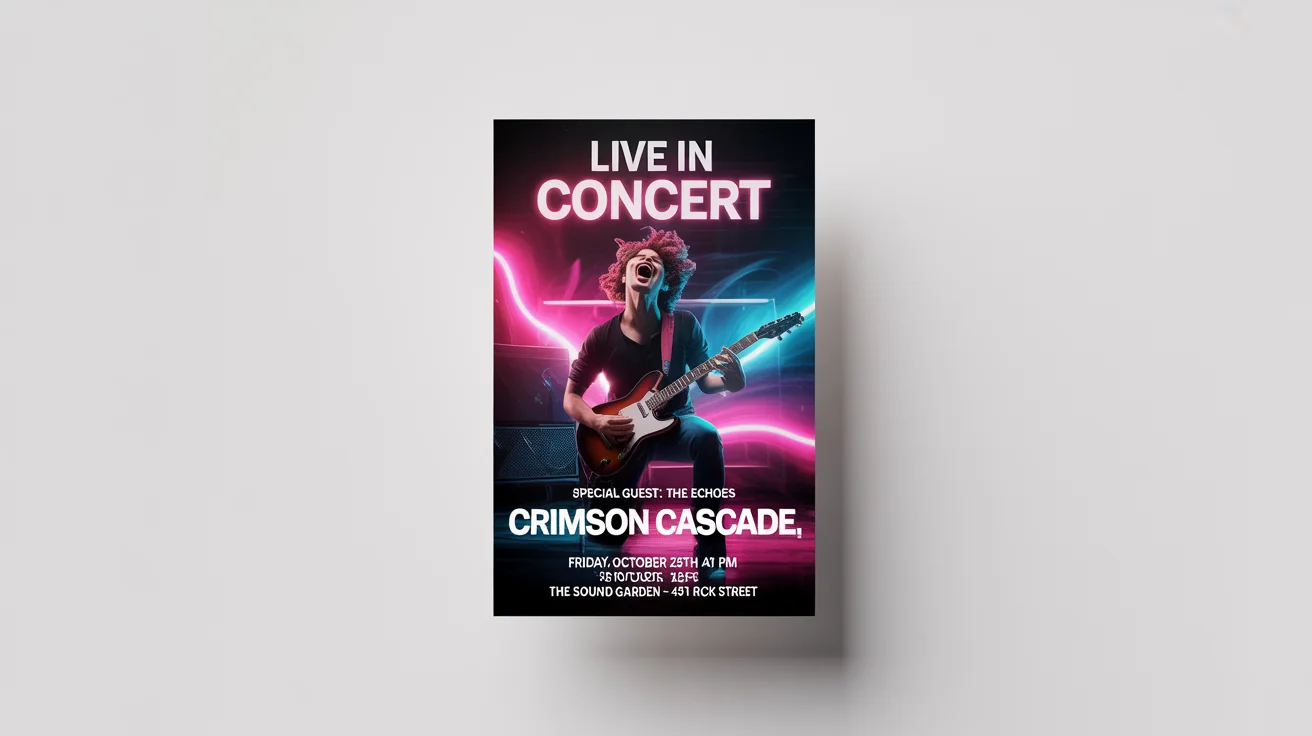 A mockup of a show flyer for a live music concert by the band 'Crimson Cascade'. The flyer has a dynamic design with a guitarist and event details, presented on a clean white background.