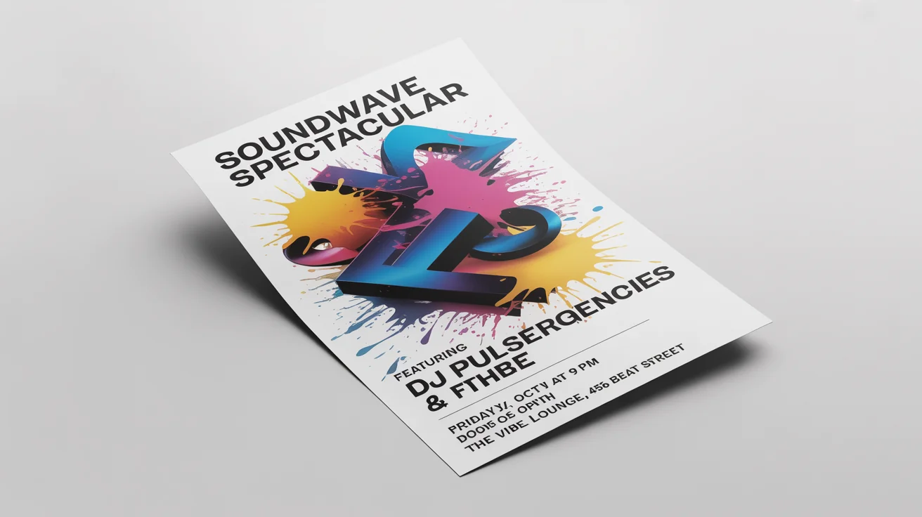 A modern, colorful flyer for a music show called 'Soundwave Spectacular', presented as a mockup on a white background.