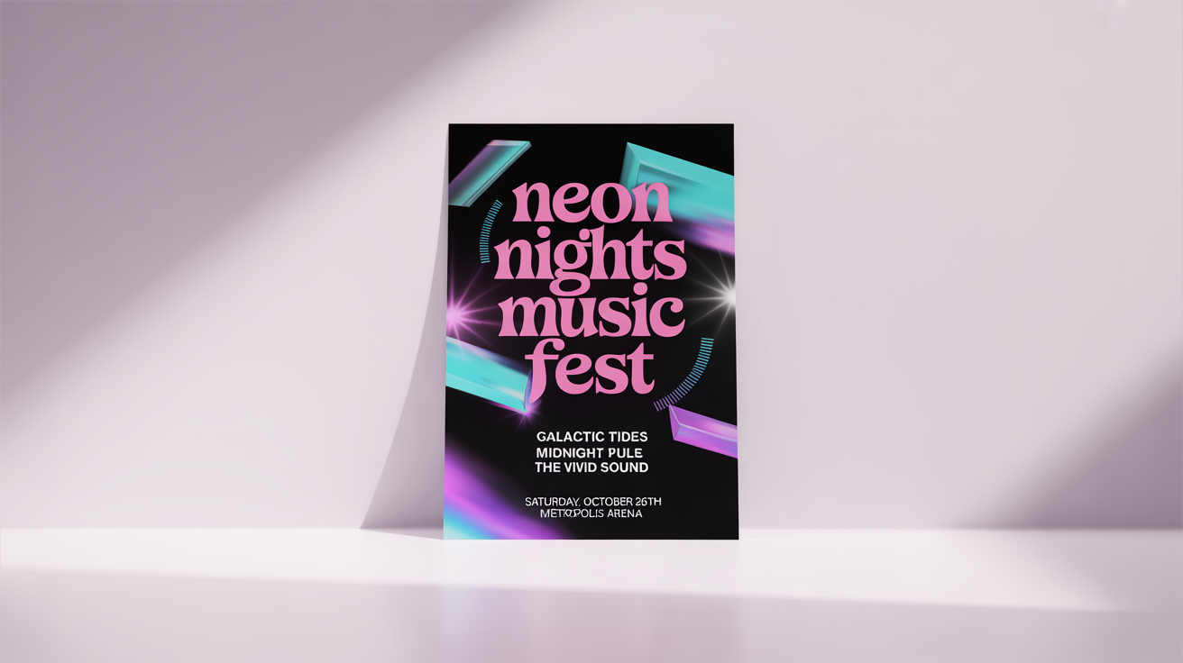 A mockup of a modern and vibrant music show flyer for 'Neon Nights Music Fest', featuring a list of fictional bands, event date, and location, all set against a clean white background.