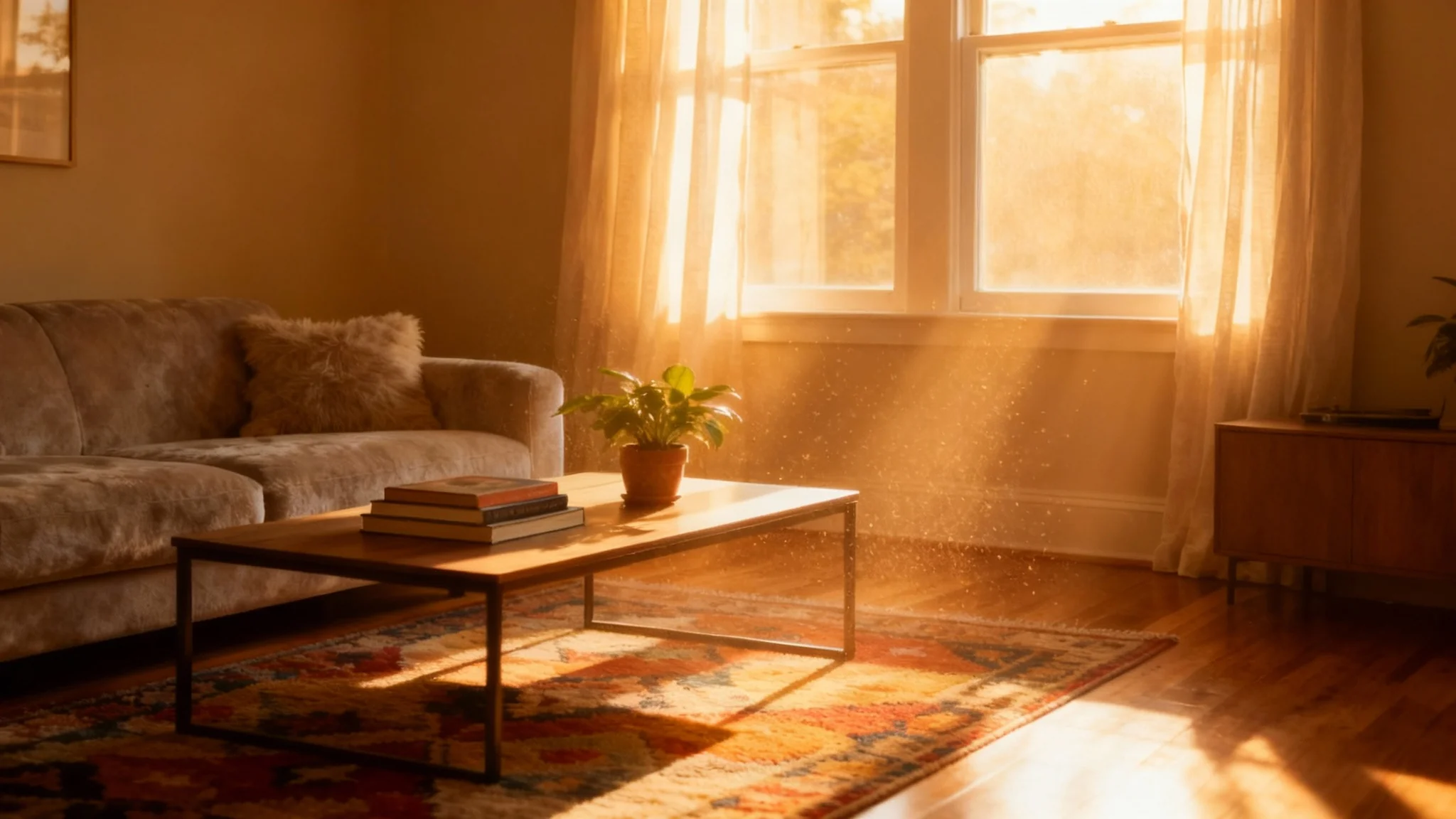 A beautifully lit living room in the style of a professional interior design photo, with dramatic golden sunlight streaming through a window and casting long shadows.