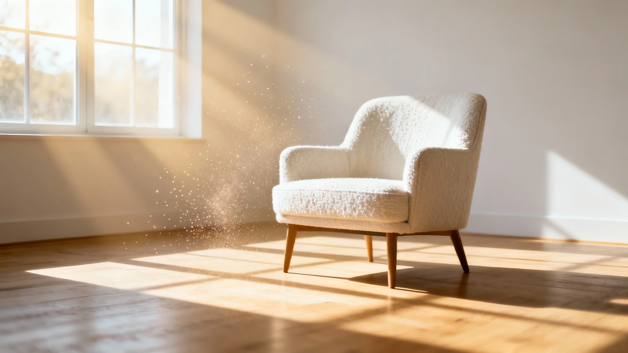 A minimalist room bathed in soft window light, with sunbeams highlighting a comfortable armchair and creating a peaceful, serene atmosphere.
