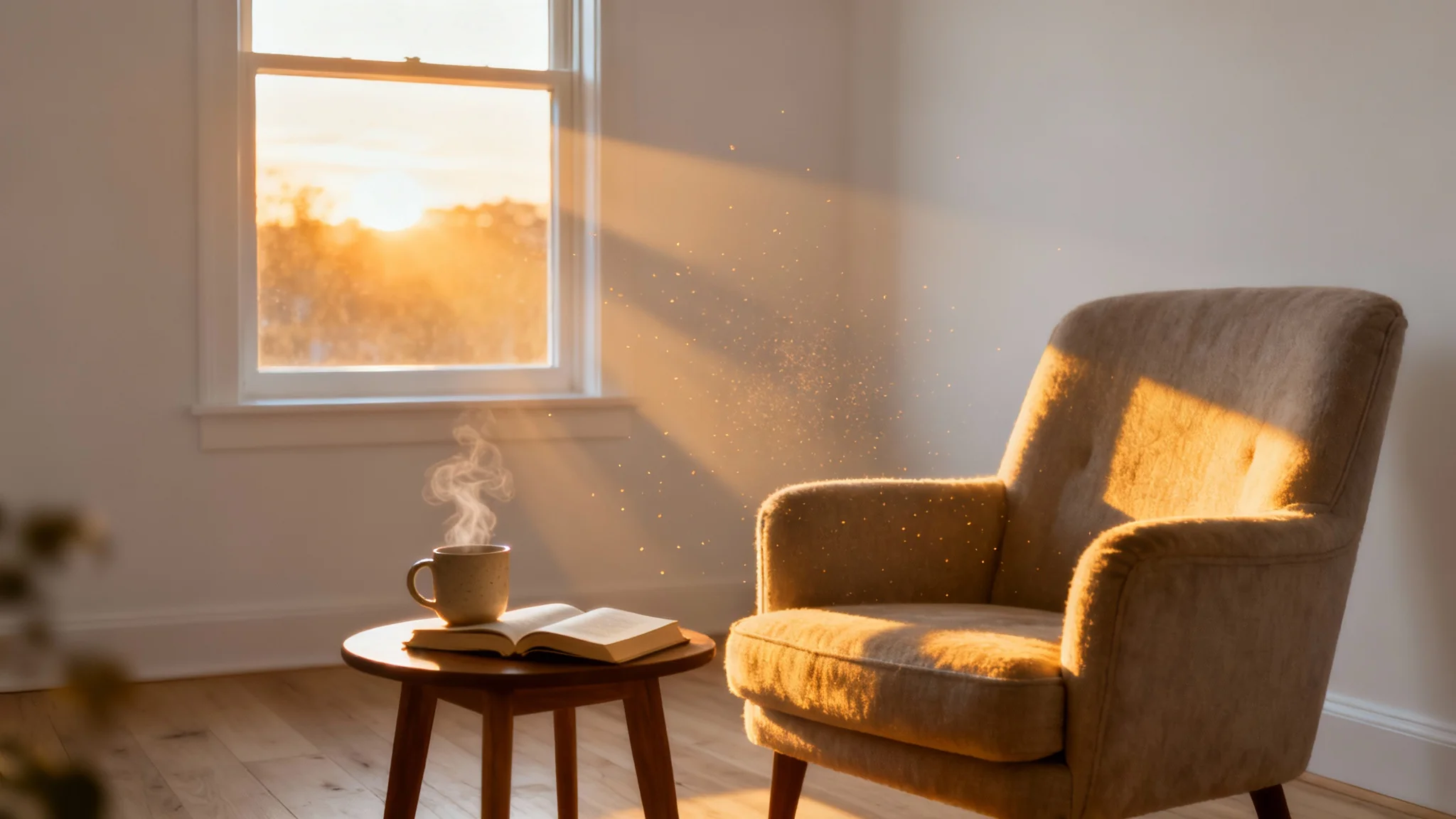 A serene living room scene where golden sunlight streams through a large window, casting beautiful light rays and illuminating a cozy armchair.