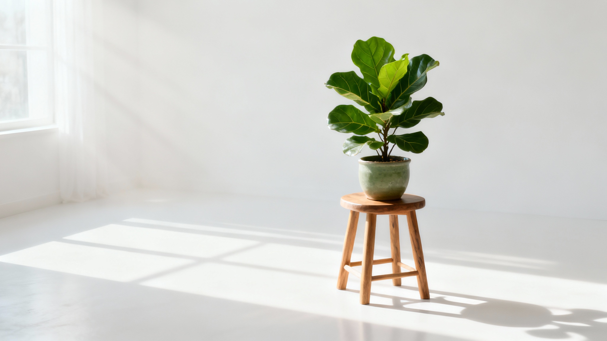 A minimalist interior scene showing a wooden stool with a potted Fiddle Leaf Fig plant, beautifully lit by soft light from a window, set against a clean white background.