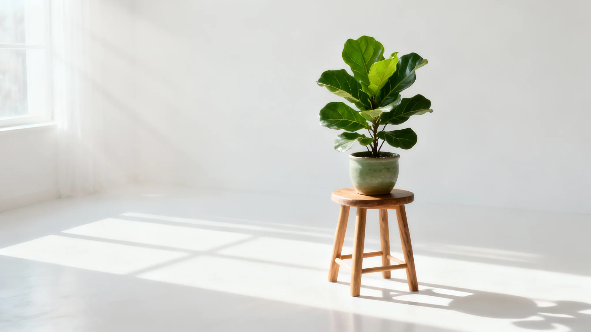 A minimalist interior scene showing a wooden stool with a potted Fiddle Leaf Fig plant, beautifully lit by soft light from a window, set against a clean white background.