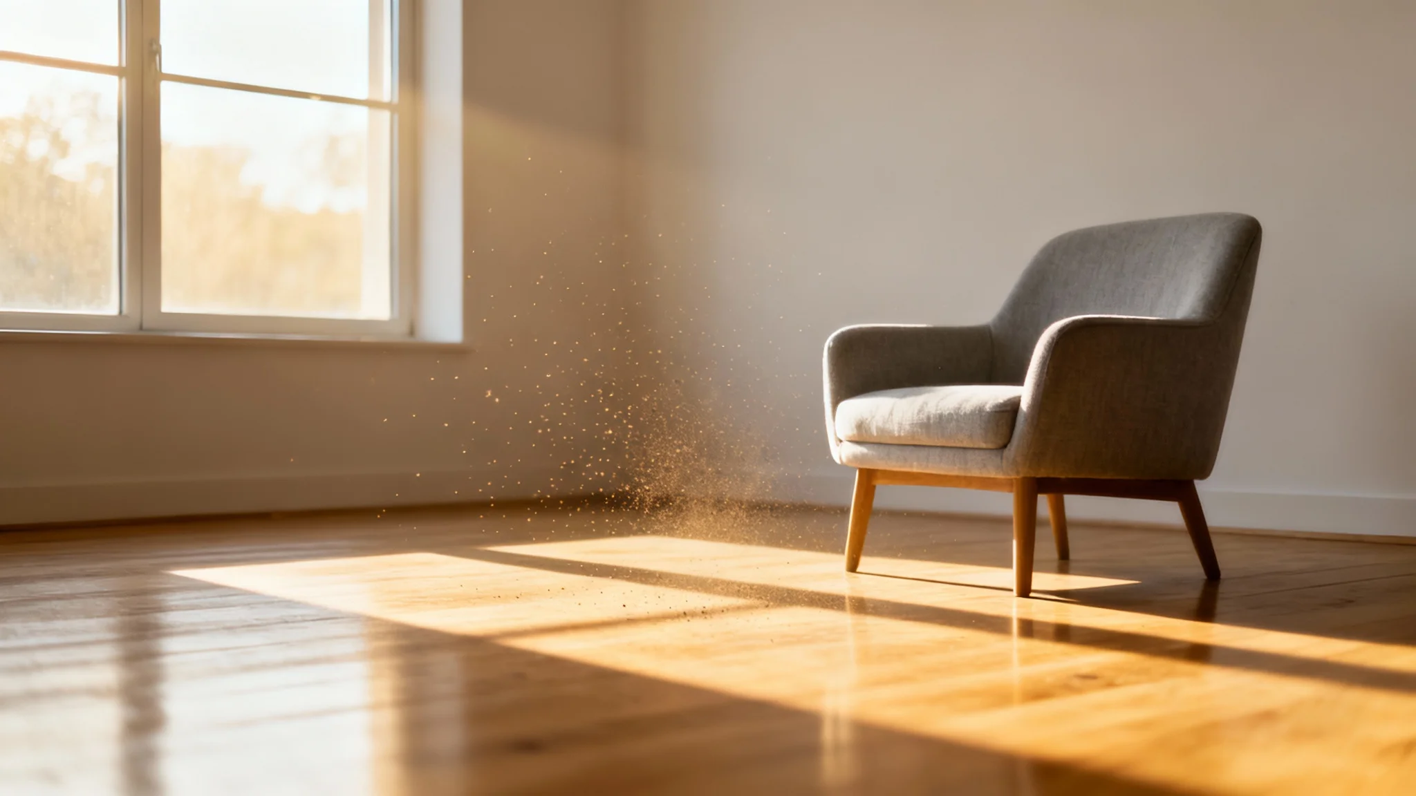 A serene room with a white wall and light wooden floor, bathed in warm sunlight streaming from a large window, highlighting a single cozy armchair. The image evokes a sense of peace and tranquility.