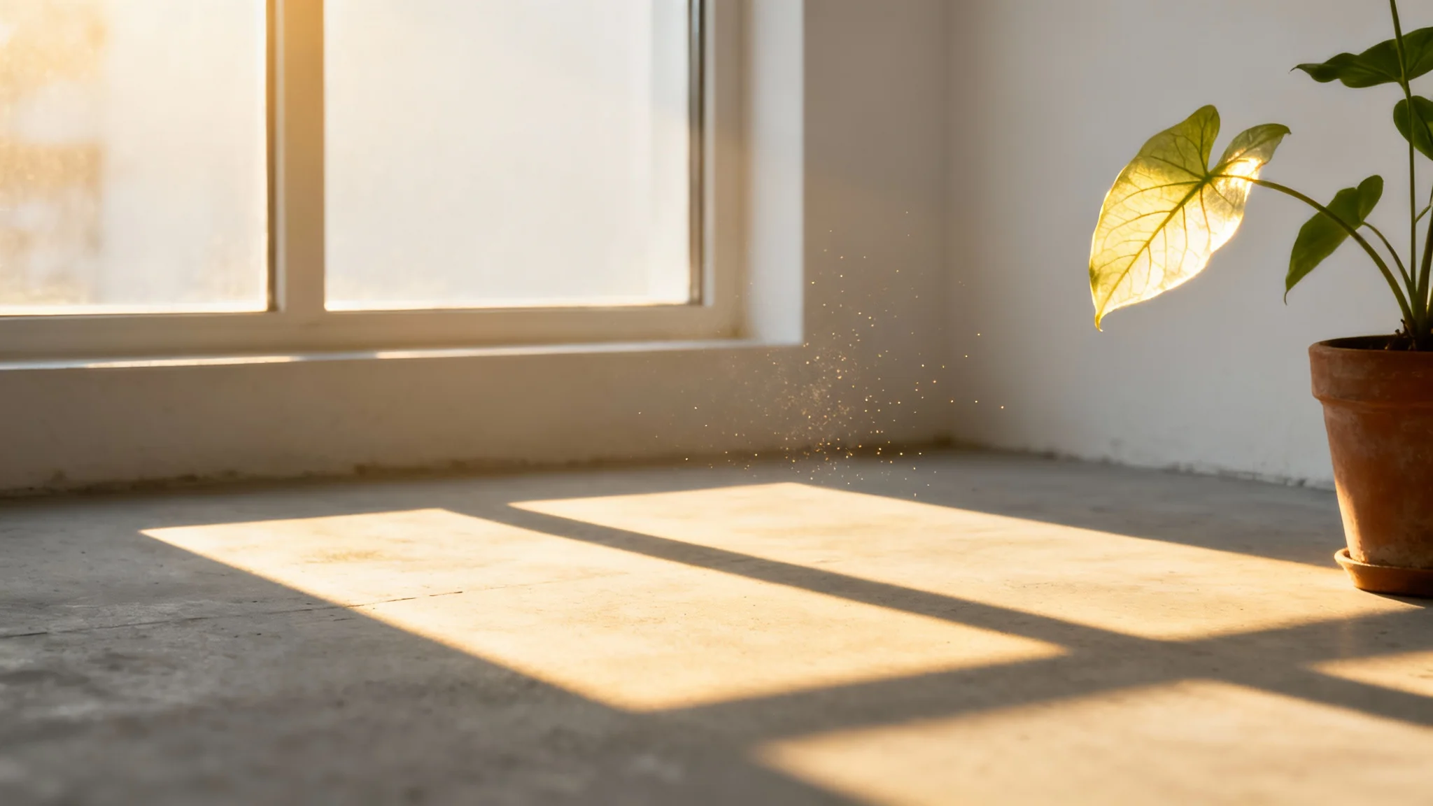 A serene photograph showing a bright beam of window light falling across a plain floor and wall, partially illuminating a small potted plant.