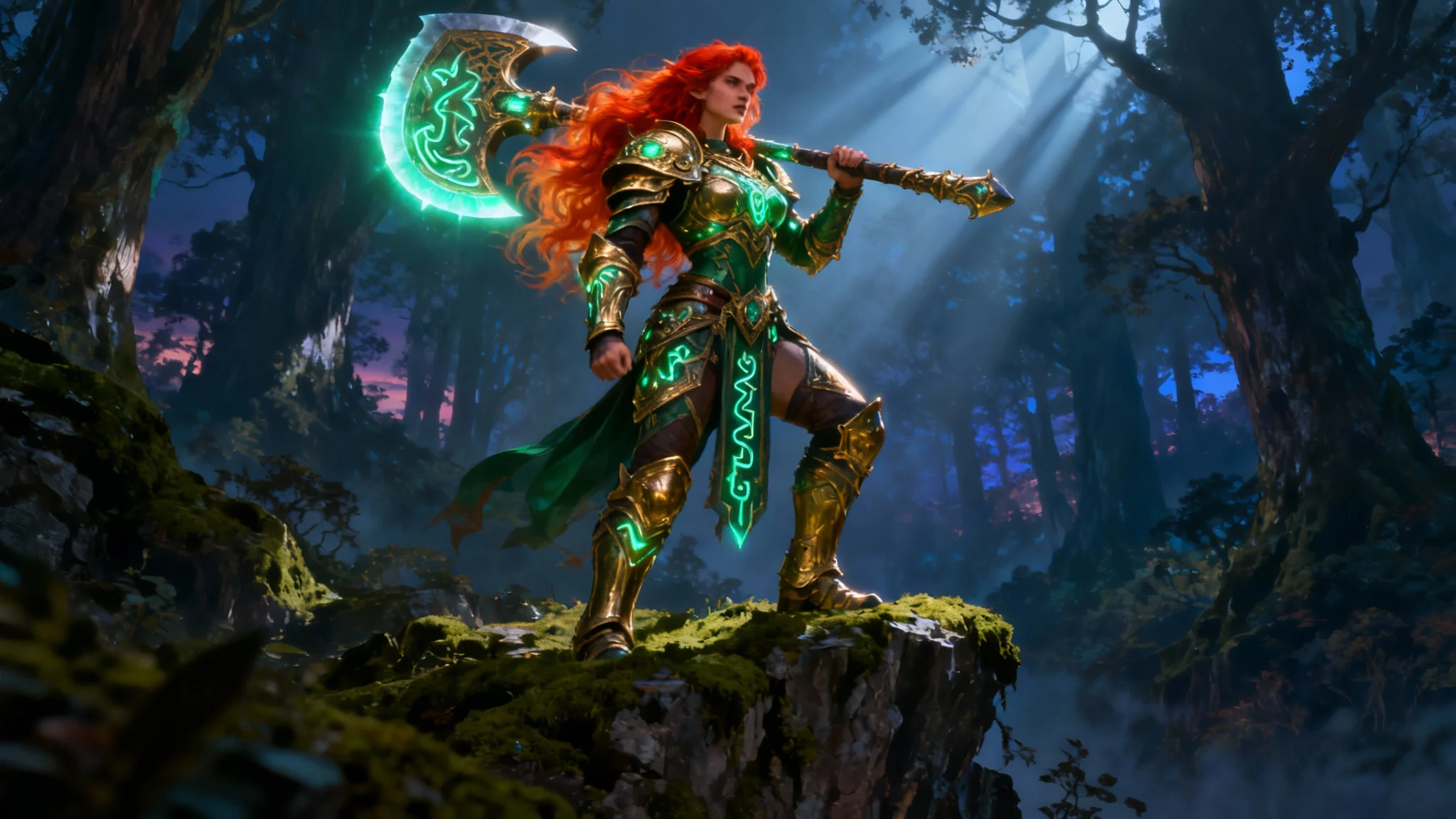 A hyper-detailed digital painting of a powerful warrior woman with red hair and ornate gold and green armor, standing confidently with a large axe in a mystical forest, in a 16:9 aspect ratio.