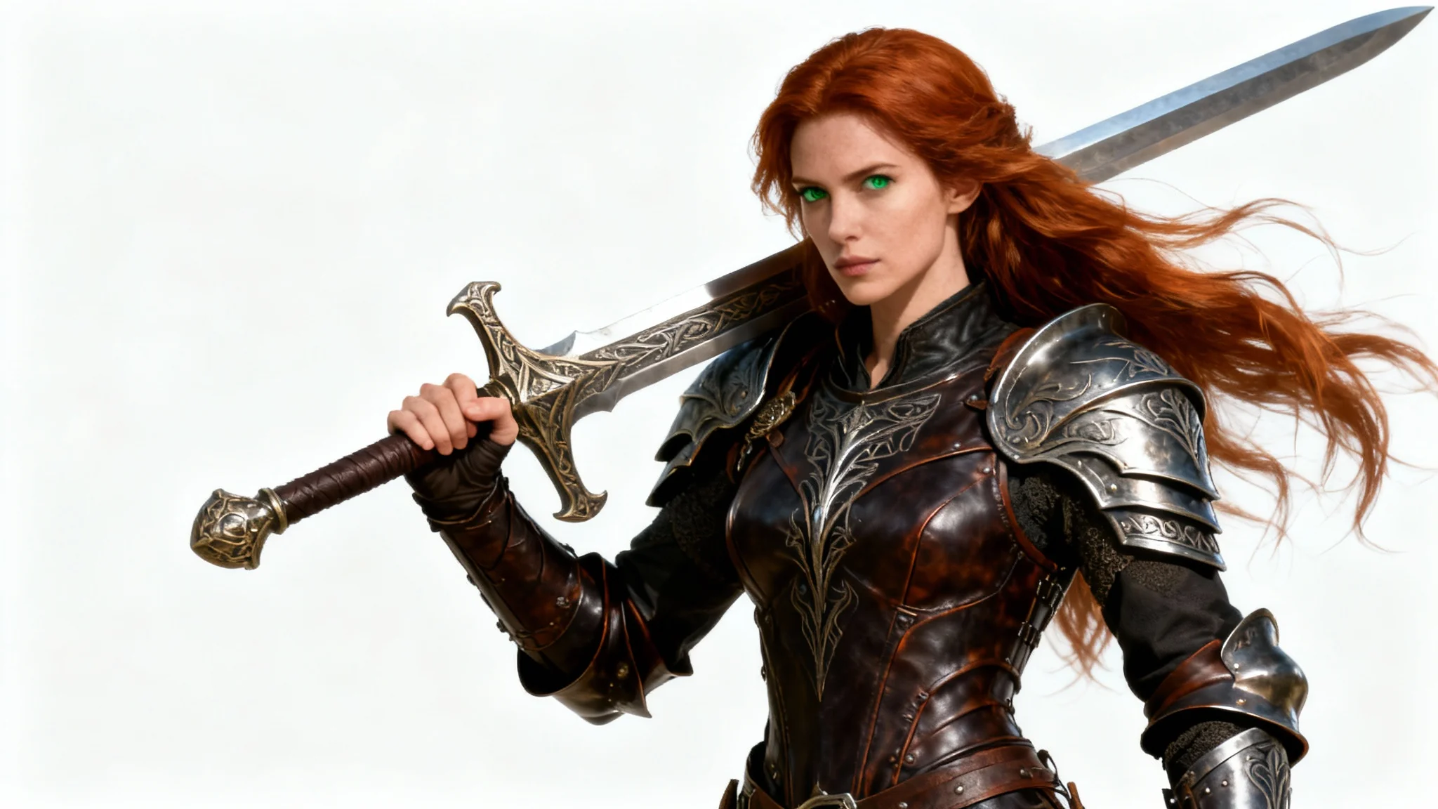 A photorealistic digital painting of a female fantasy warrior with auburn hair and detailed steel and leather armor, posing with a longsword against a solid white background.