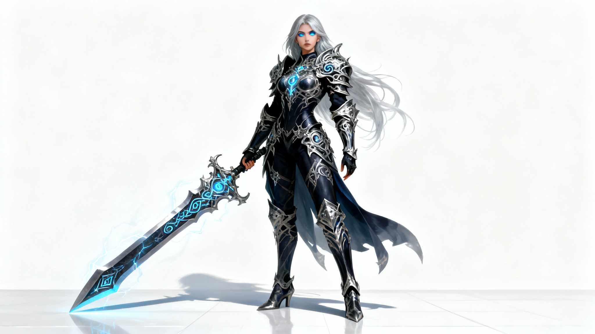A digital painting of a powerful female fantasy warrior with silver hair and glowing blue eyes, wearing dark, ornate armor and holding a large sword against a plain white background.