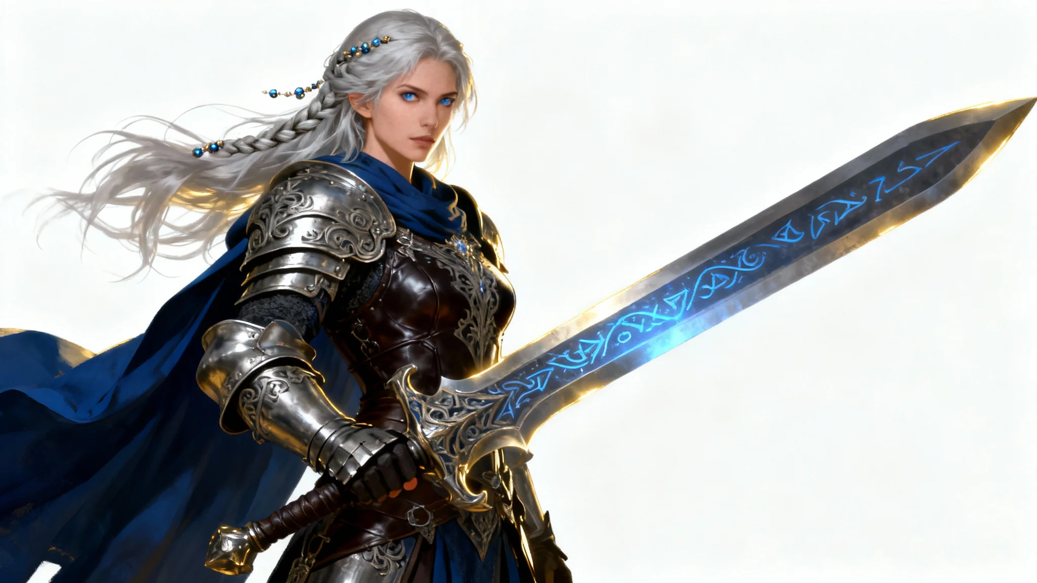 A detailed digital painting of a powerful fantasy warrior woman in ornate steel armor, holding a glowing greatsword against a plain white background.