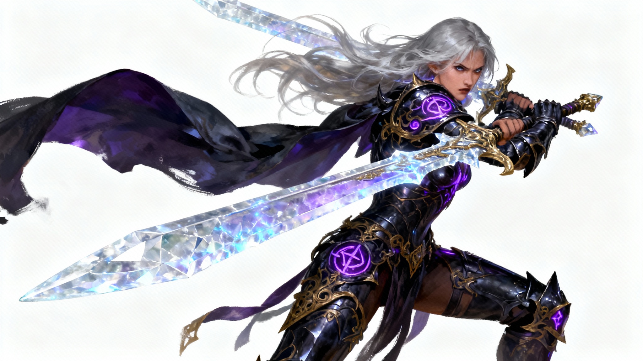 A digital painting of a fantasy warrior woman in dark, ornate armor, holding a glowing crystal greatsword against a white background.