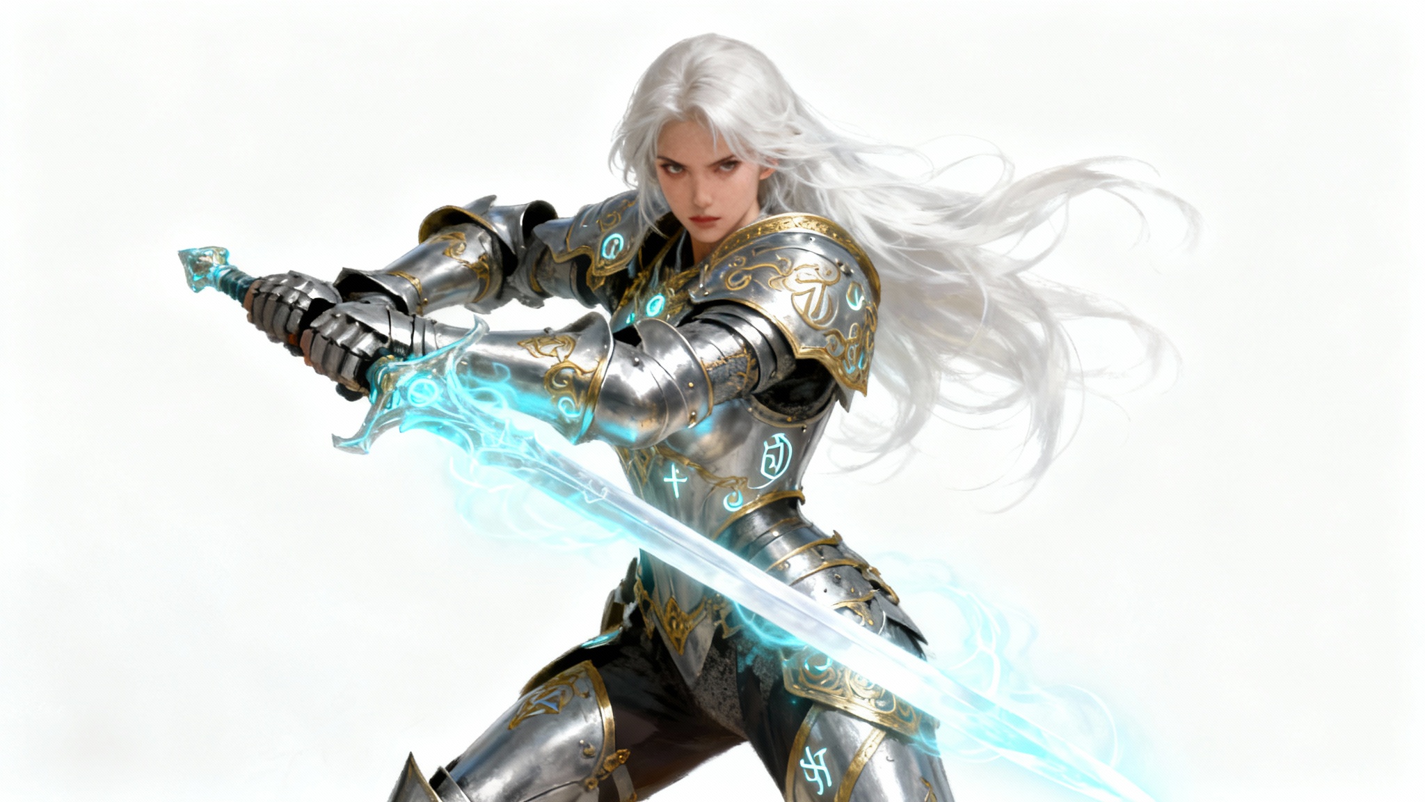 A hyperrealistic digital painting of a fantasy warrior woman in ornate silver armor, holding a glowing blue sword against a white background.
