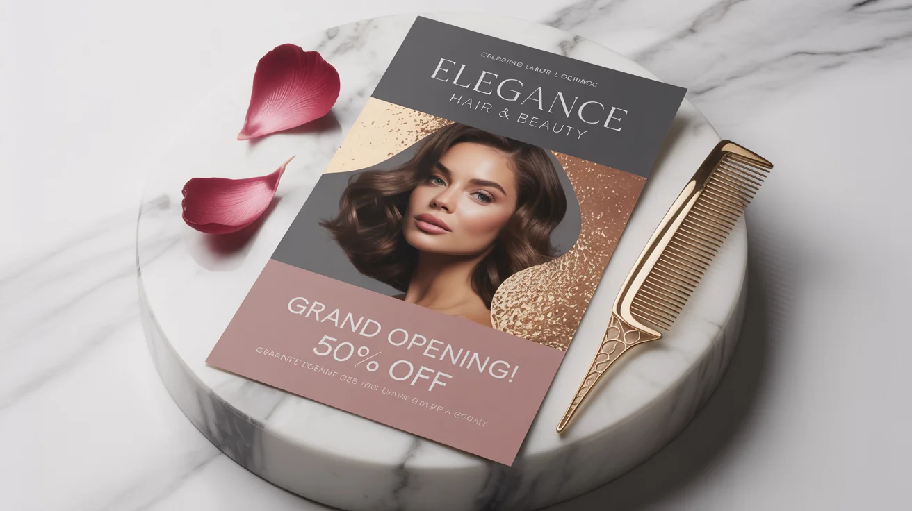 A professionally designed, modern flyer for an 'Elegance Hair & Beauty' salon, advertising a grand opening special, displayed on a white marble background.