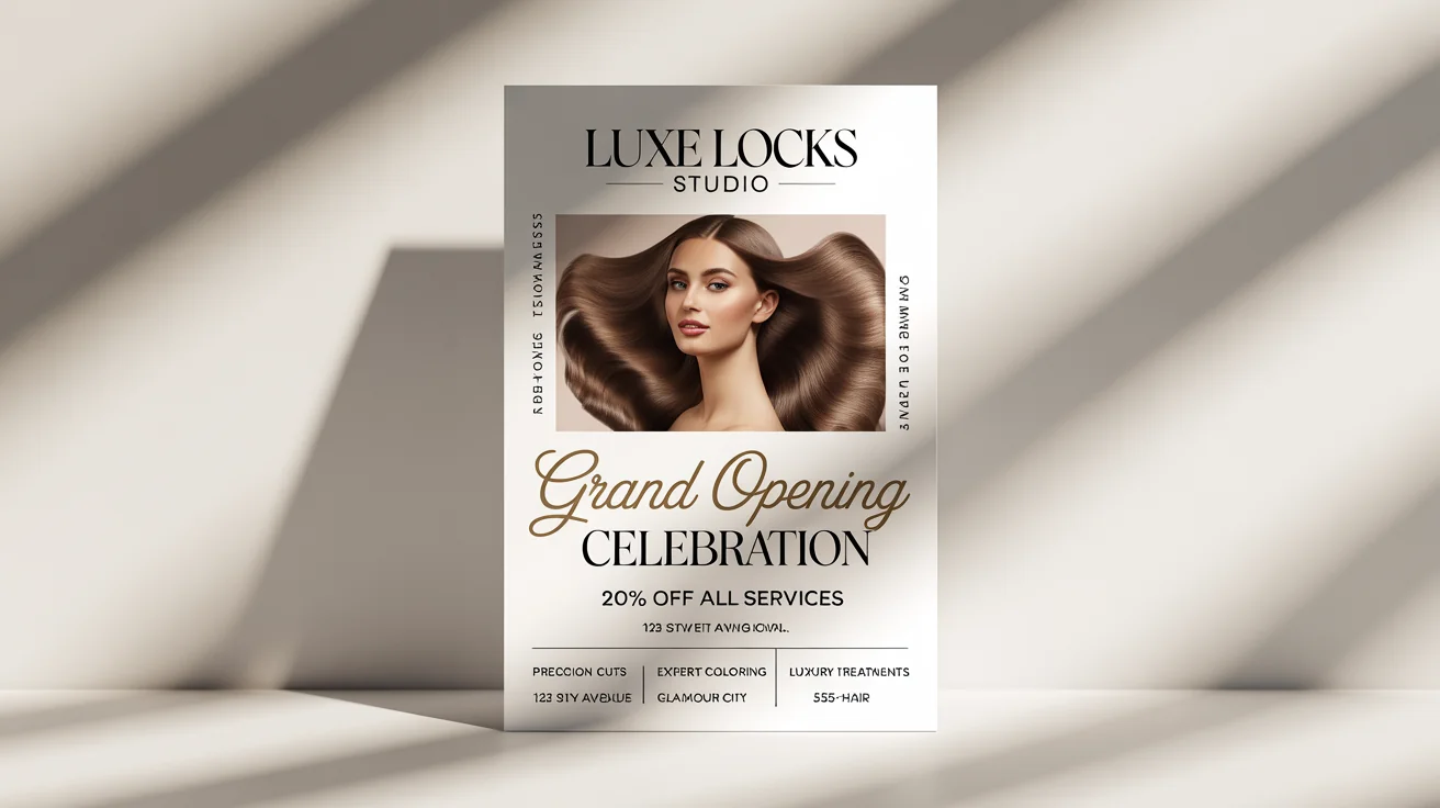 A modern and elegant flyer for a salon called 'Luxe Locks Studio', advertising a grand opening celebration with 20% off all services, set against a white background.