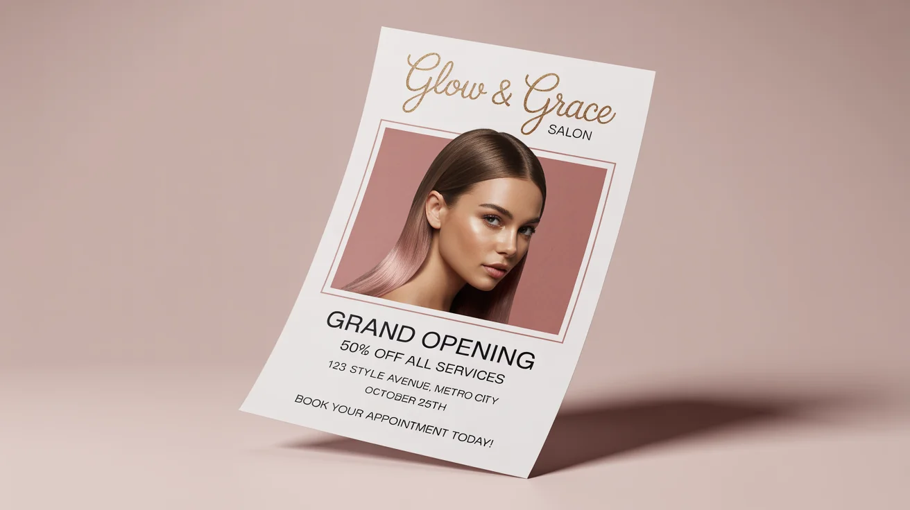 A mockup of a chic and modern salon flyer for 'Glow & Grace Salon', announcing a grand opening with a '50% Off All Services' offer, set against a plain white background.