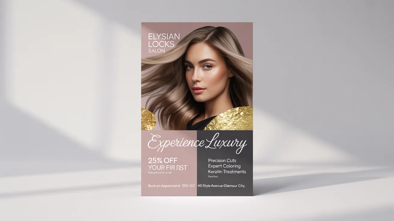 A mockup of an elegant salon flyer for 'Elysian Locks Salon' on a white background, featuring a woman with a perfect balayage hairstyle and an offer for 25% off.